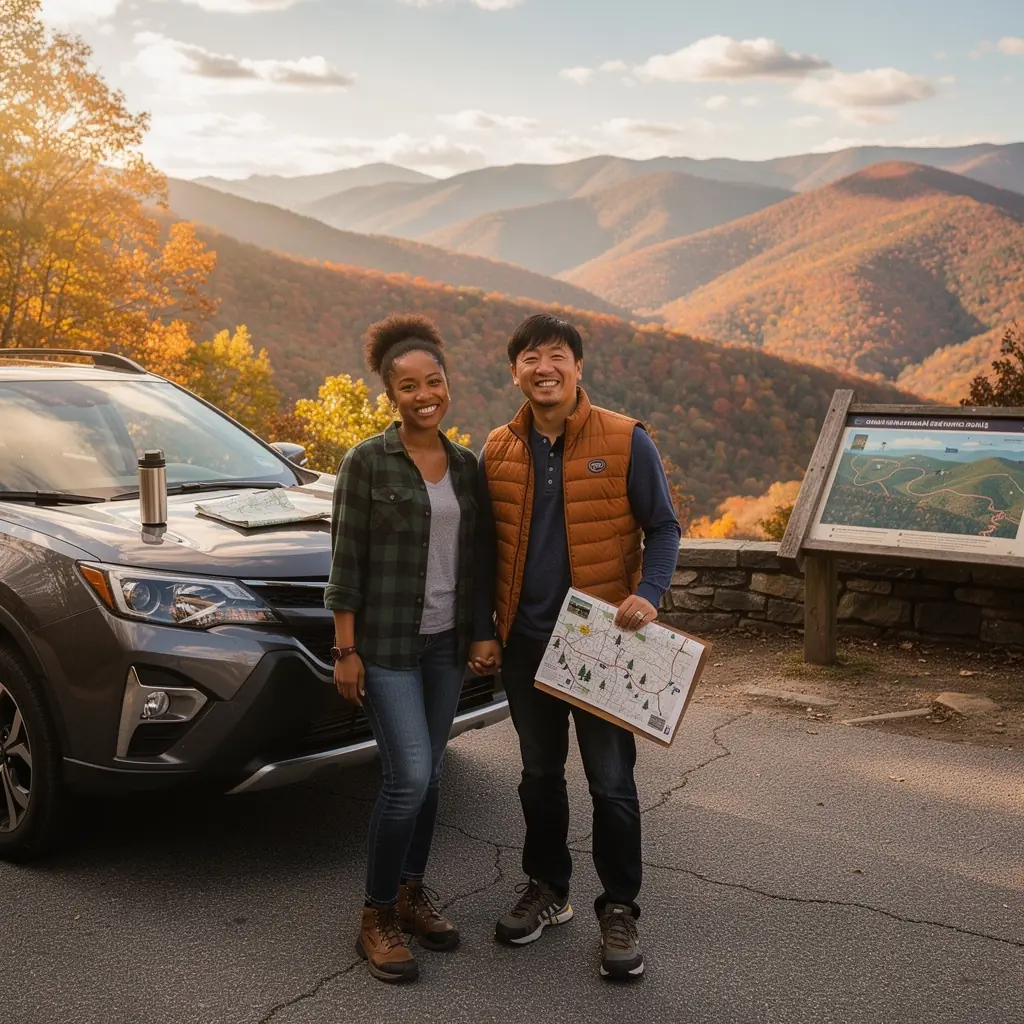 Вид на закат над лесом и горами, создающий атмосферу приключения